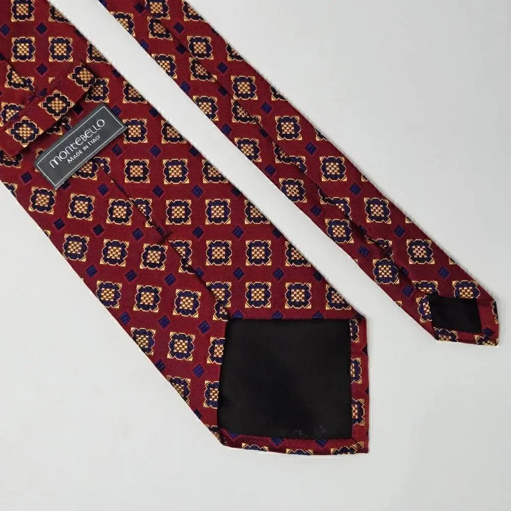 MONTEBELLO ITALY SILK TIE BLUE GOLD RED GEOMETRIC SATIN SHIMMER 3.75
